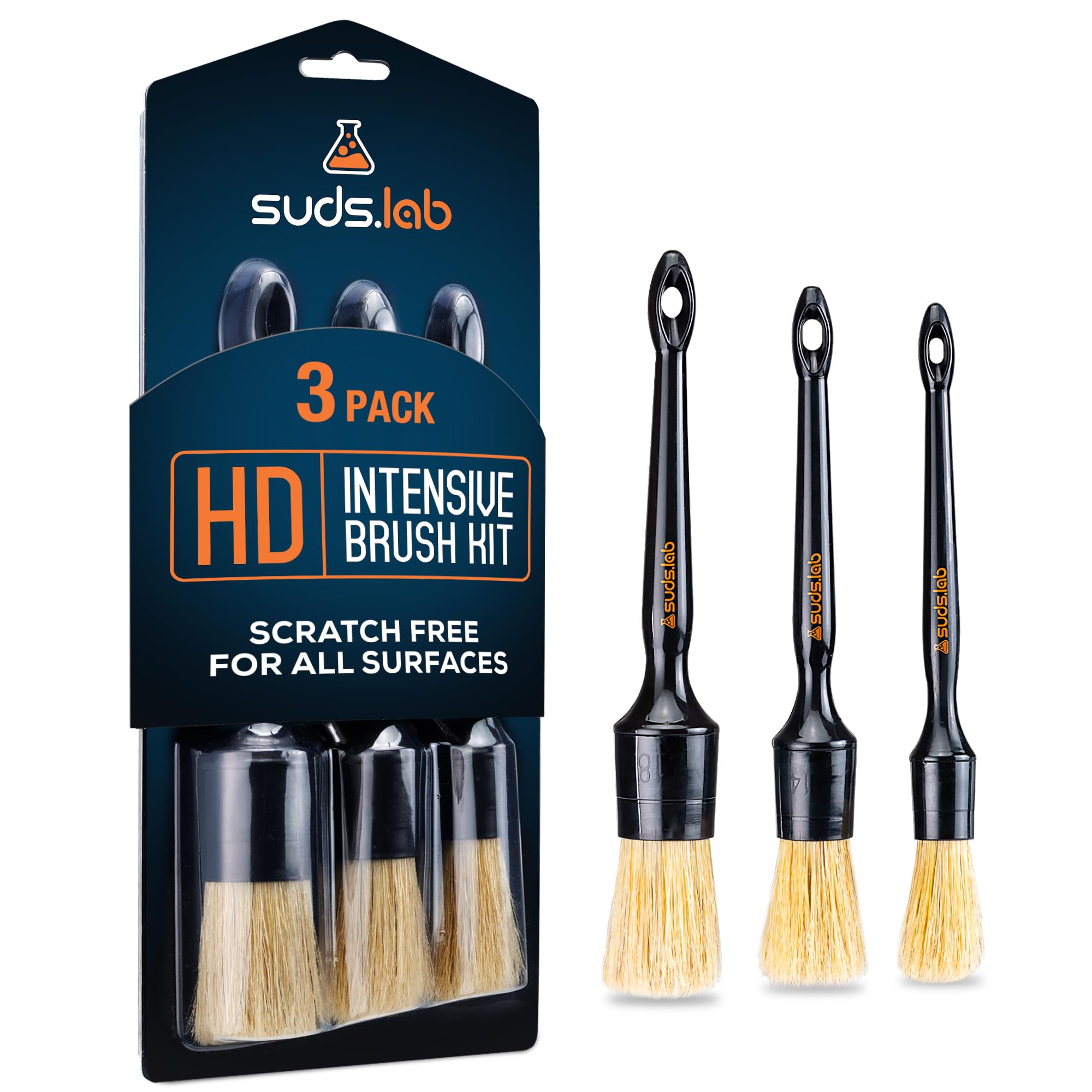Suds Lab HD Intensive Brush Kit 3 Pack- Premium Boar’s Hair Brushes - Scratch Free Design - Fine Detailing Brushes For Personal And Professional Use