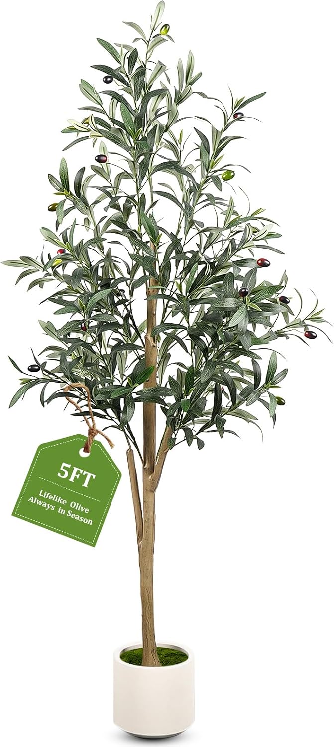 Artificial Olive Tree 5FT with Natural Wood Trunk Faux Plant | Realistic Silk Leaves and Lifelike Olives Create Mediterranean Greenery for Living Room, Office and Indoor Decor