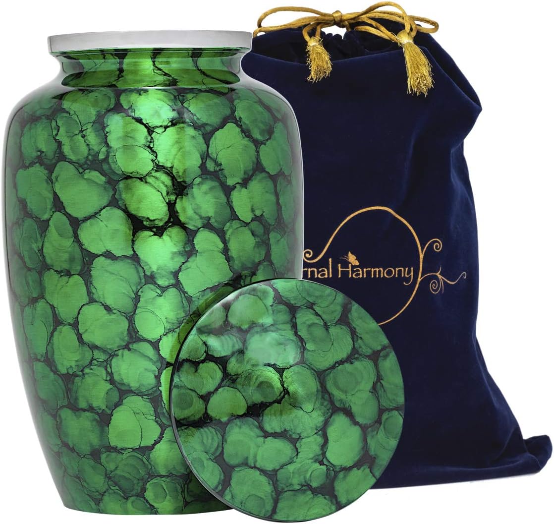 Large Urn for Ashes, Adult Male & Female Cremation Urn for Human Ashes with Elegant Finishes, Secure Seal & Velvet Bag, Funeral Urn for Men & Women Up to 200 lbs, 7 x11 in (Green)