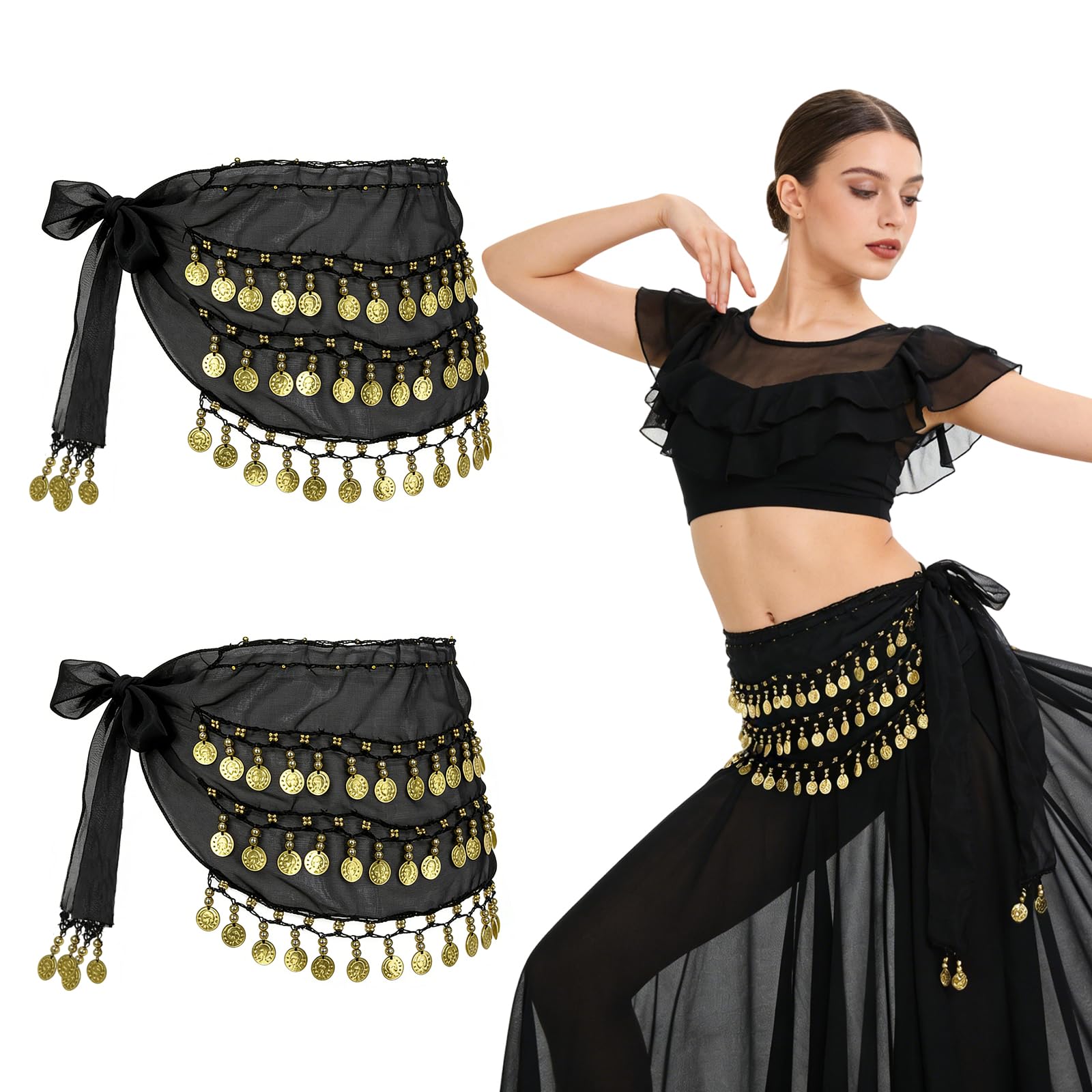 Cinturón Danza del Vientre Negro 2 Piezas, Falda de Gasa 145 cm, Traje de Actuación para Mujeres