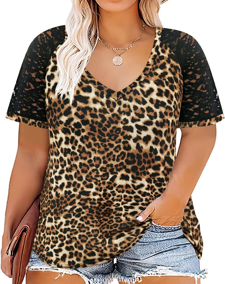 CARCOS Plus Size Tops for Women Short Sleeve Shirt Summer Star/Leopard/Tie Dye/Flower Crewneck Pullover Tunic XL-5XL