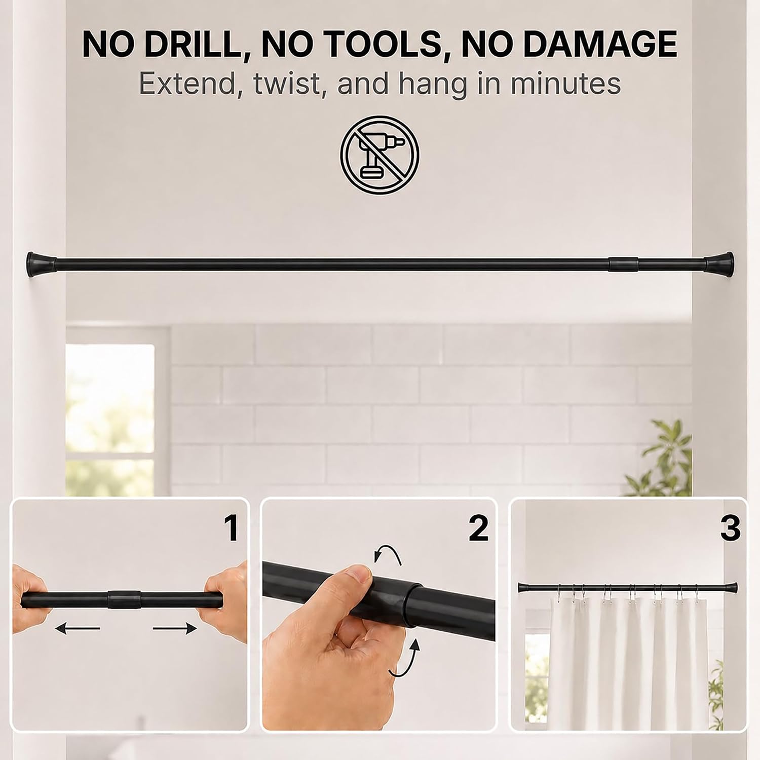 Tension Adjustable Shower Curtain Rod 43-79 Inches Black