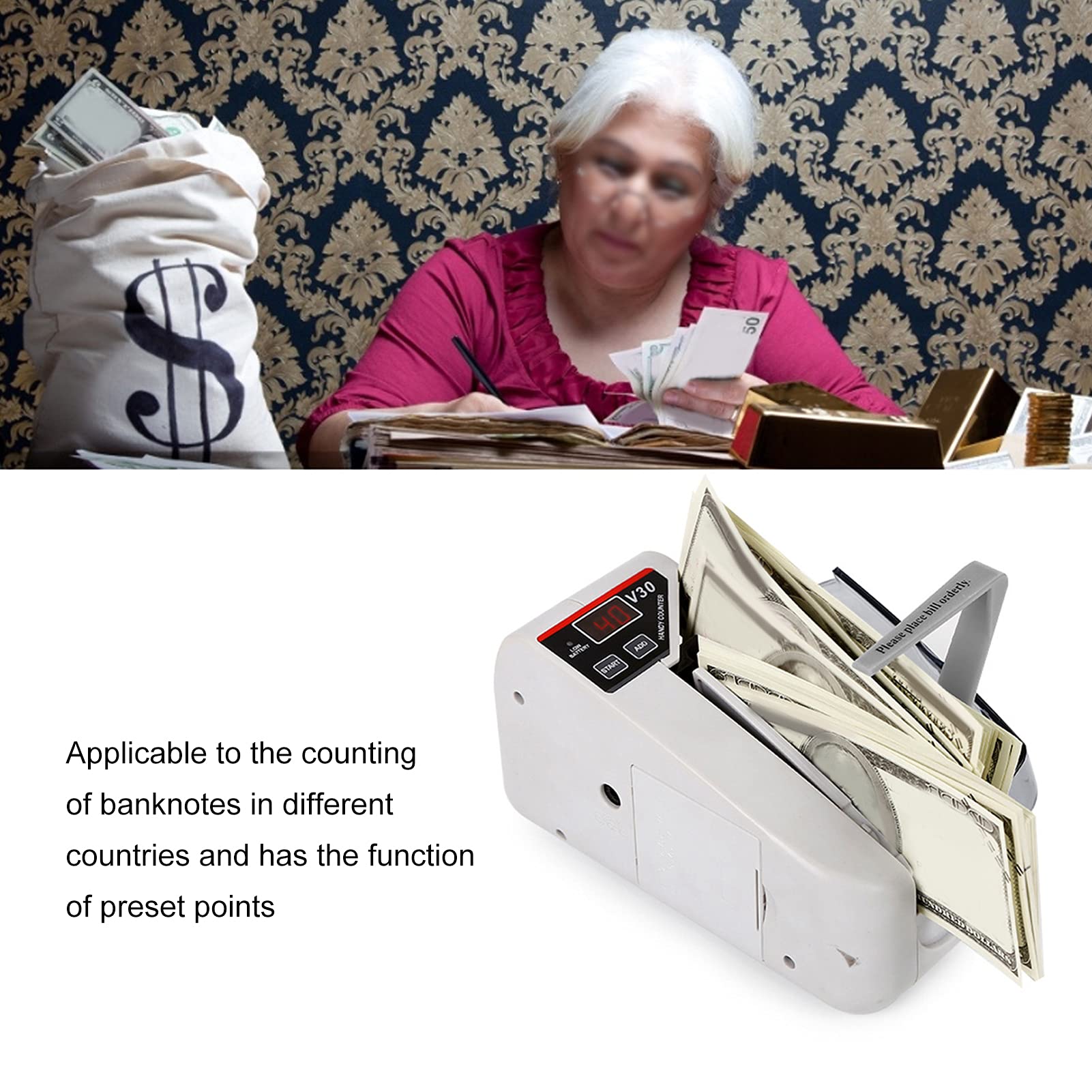Contador de dinero, verificador compacto 7,3 x 2,8 x 4 pulgadas para billetes en efectivo, cuenta 600/min, para uso en entornos múltiples