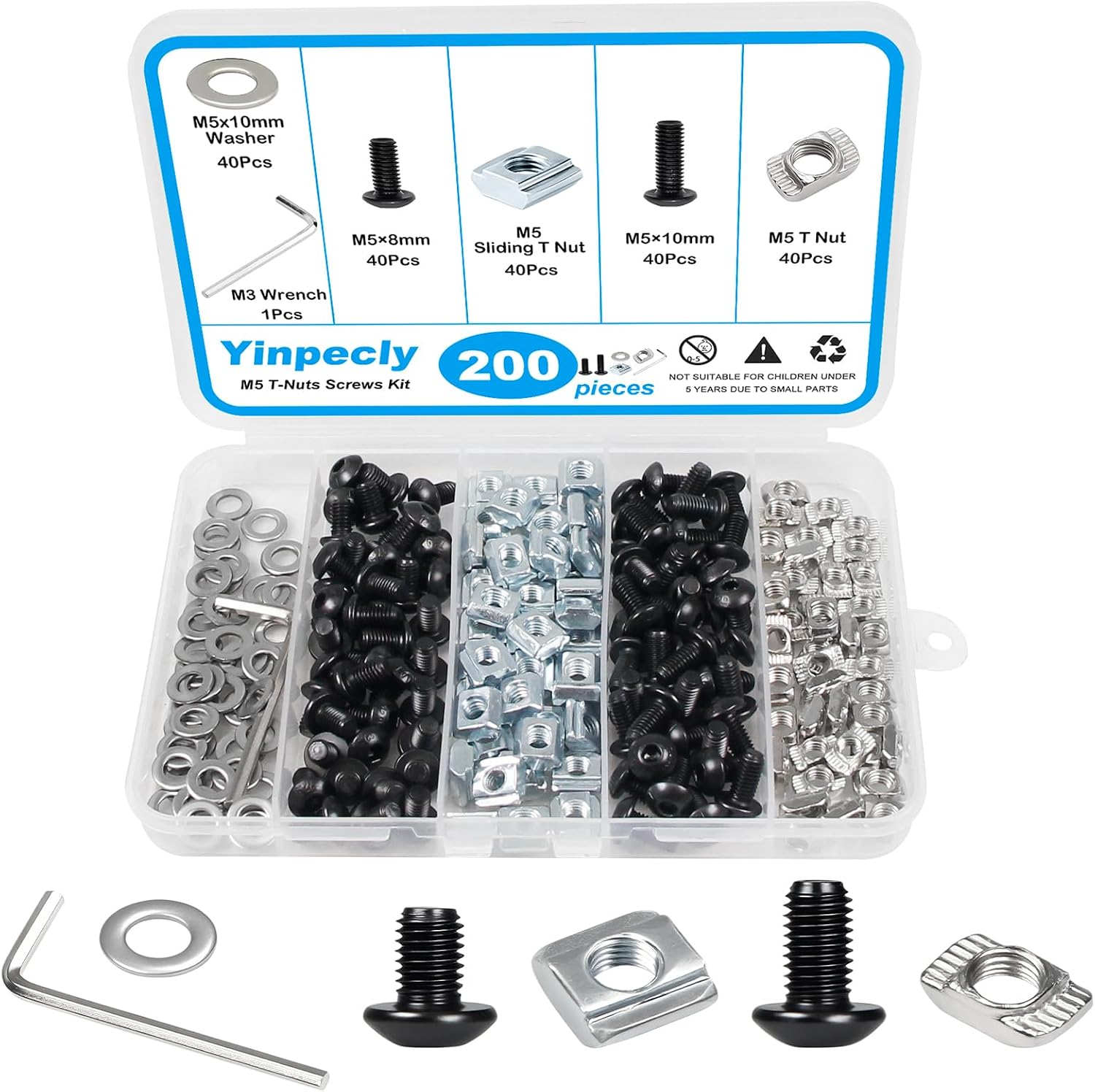 200 Pcs M5 T-Nuts Screws Kit for 2020 2040 8020 Aluminum Extrusion