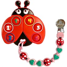 BIGSPINACH Teething Toy & Pacifier Clip Set,Ladybug Pop-It Teether & Pacifier Hold,Multi-Textured Chew Toy with Number Buttons for Early Learning, Baby Teething Relief Red+Pink