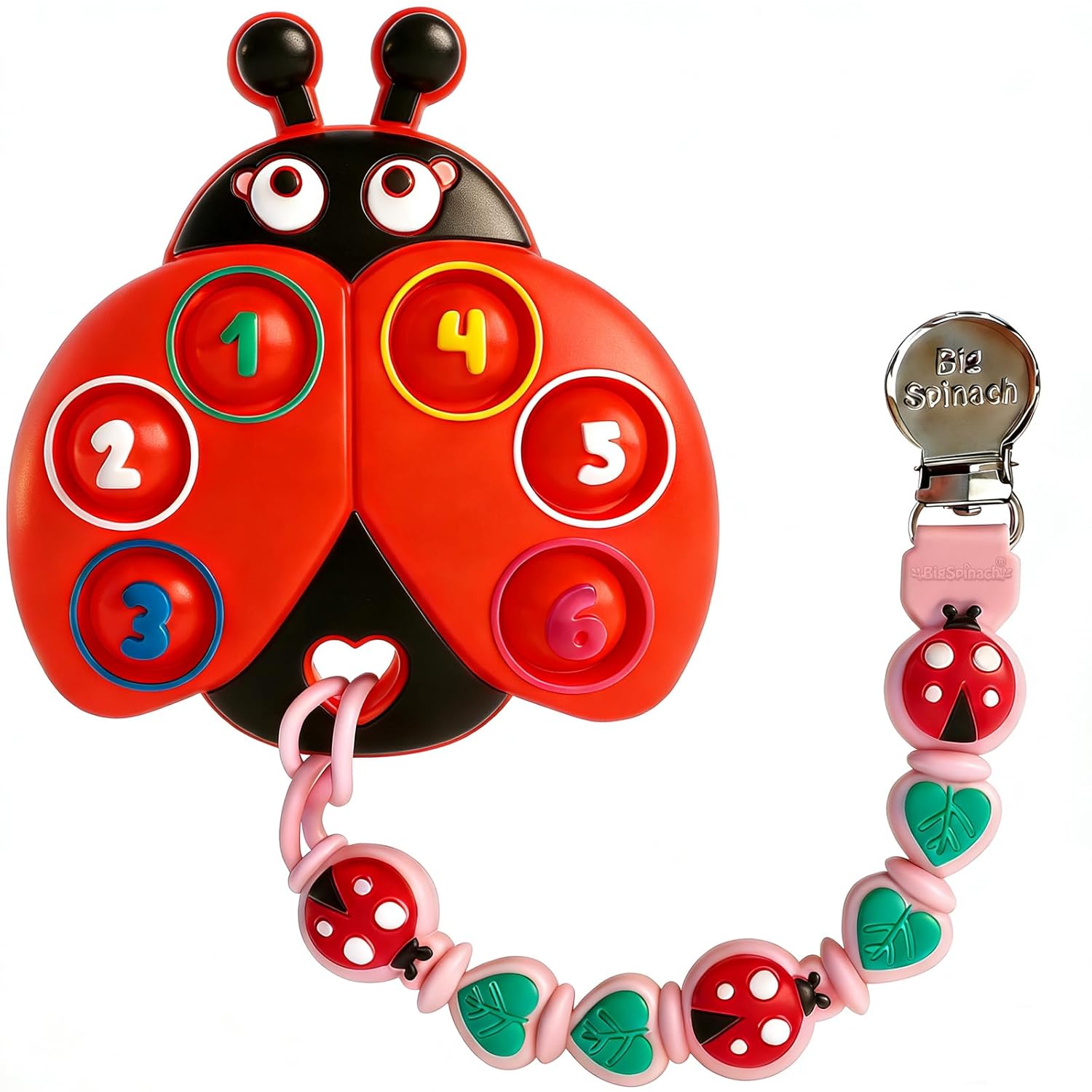 BIGSPINACH Teething Toy & Pacifier Clip Set,Ladybug Pop-It Teether & Pacifier Hold,Multi-Textured Chew Toy with Number Buttons for Early Learning, Baby Teething Relief (Red+Pink)