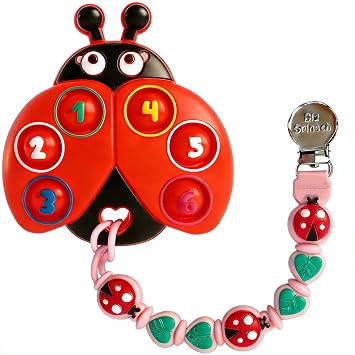 BIGSPINACH Teething Toy & Pacifier Clip Set,Ladybug Pop-It Teether & Pacifier Hold,Multi-Textured Chew Toy with Number Buttons for Early Learning, Baby Teething Relief Red+Pink
