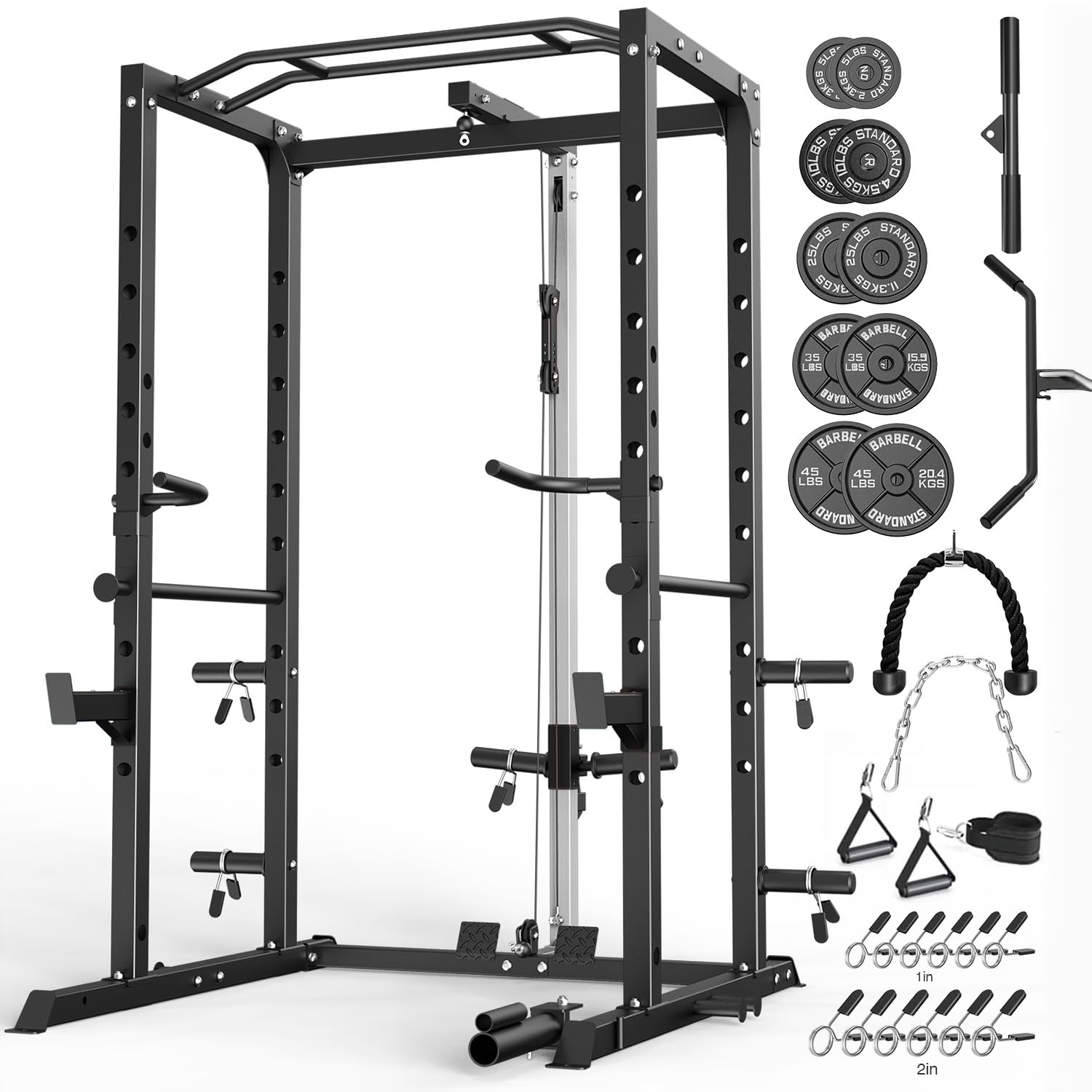 ULTRA FUEGO Power Cage, Multi-Functional Power Rack with J-Hooks, Dip Handles, Landmine Attachment and Optional Cable Pulley System for Home Gym (Power Cage with 240LB Weights Black, Black)