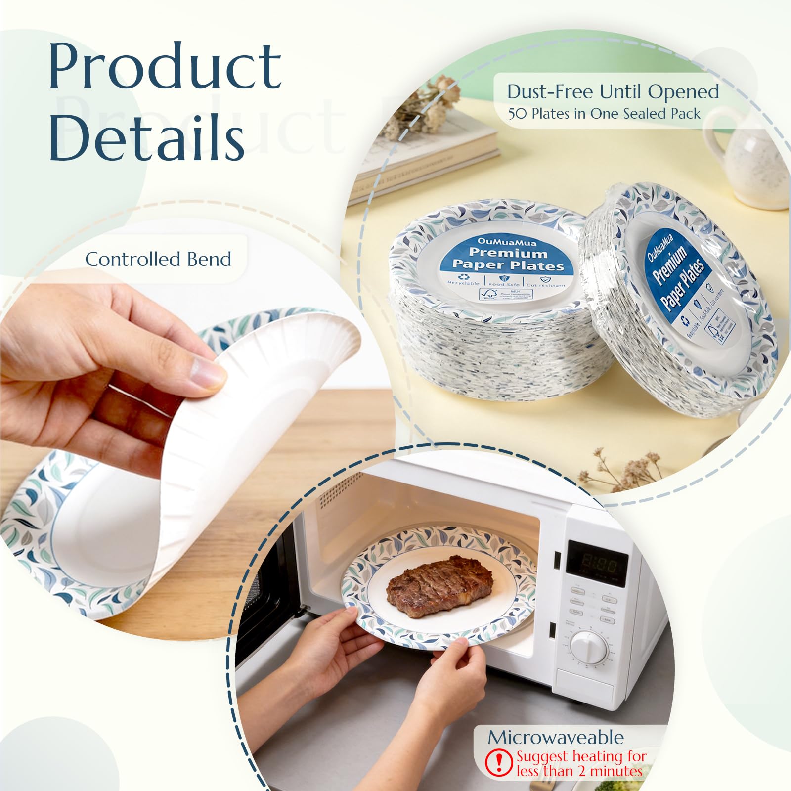OuMuaMua Platos de papel de 8.5 pulgadas, 300 platos desechables resistentes, a prueba de remojo y resistentes a los cortes, aptos para microondas, platos a granel para comidas diarias, almuerzo y uso