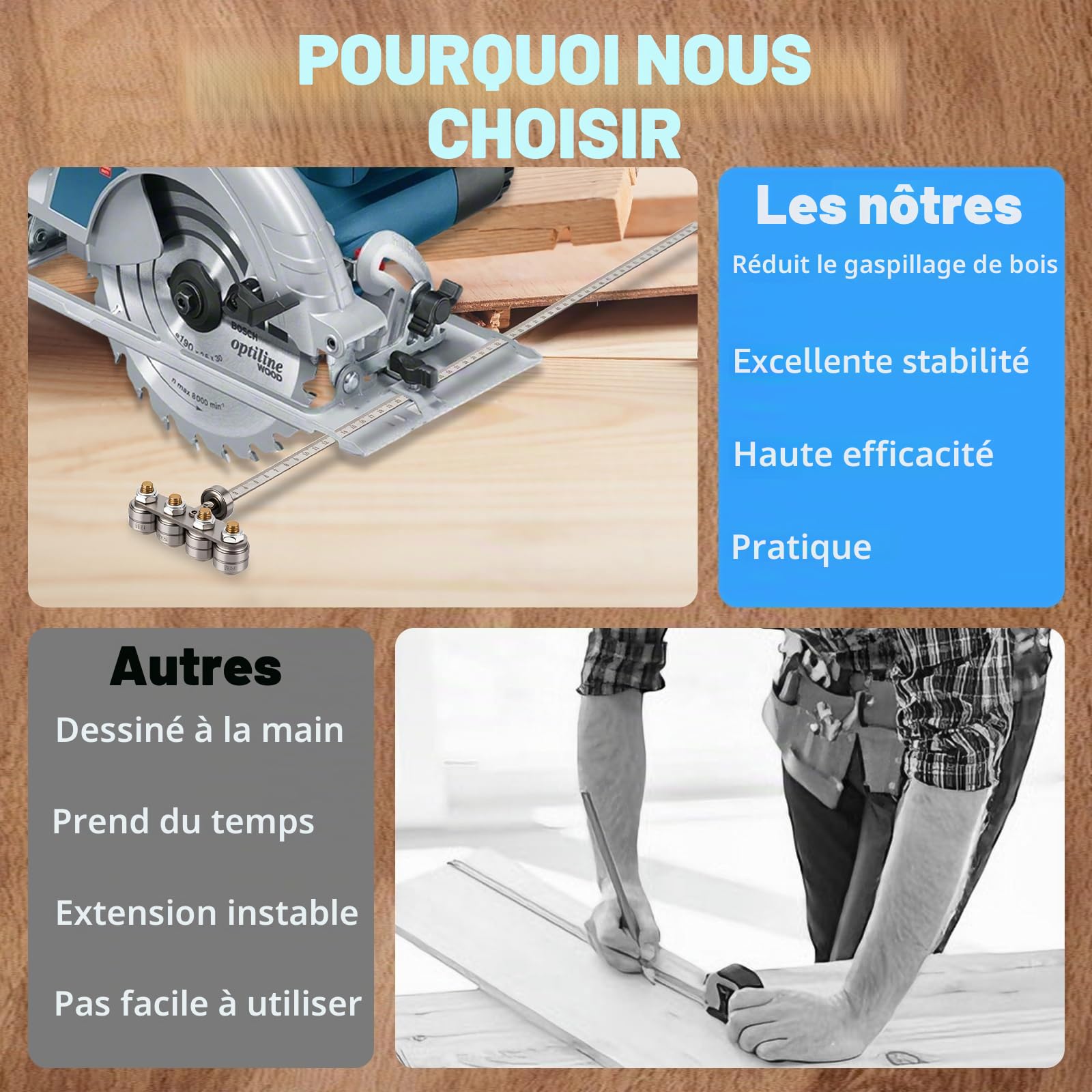 Qivine Pied à coulisse de positionnement pour scie circulaire, guide de scie circulaire réglable de 60 cm, outil de positionnement en acier inoxydable pour le travail du bois et la menuiserie au