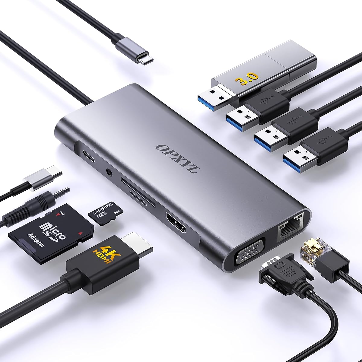 11-in-1 USB C Hub Multiport Adapter, USB C Docking Station with 4K HDMI, VGA 1080P, 100W PD, Ethernet, SD/TF, Audio, USB 3.0 Port, Laptop Dock for MacBook Pro/Air, iPad, Windows