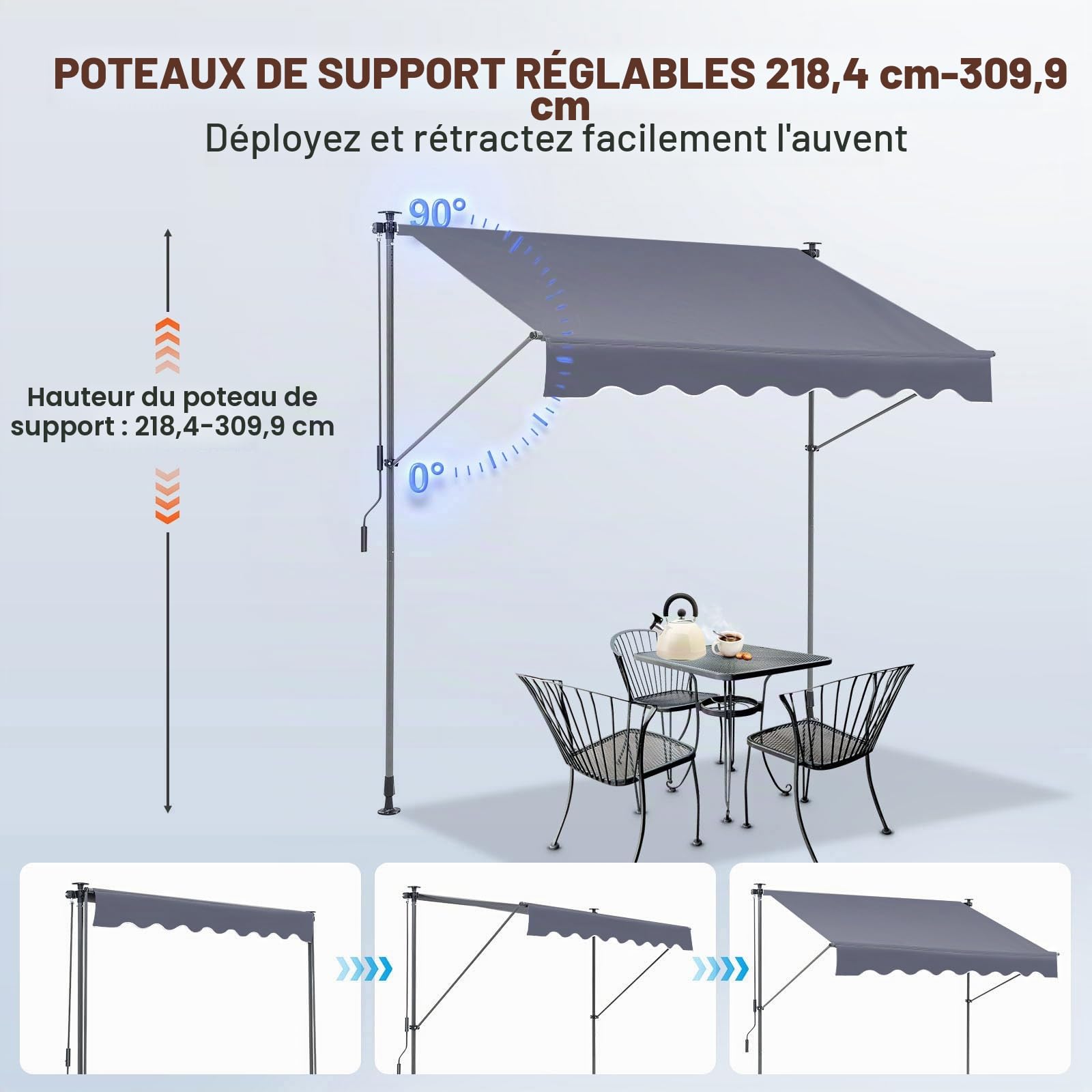 VEVOR Auvent Rétractable 3 x 1,2 m Store Banne Manuel Terrasse Extérieur Hauteur Réglable Résistant au Vent/UV Auvent avec Rideau Pare-Soleil 1 m et Manivelle pour Patio, Arrière-Cour, Jardin, Balcon