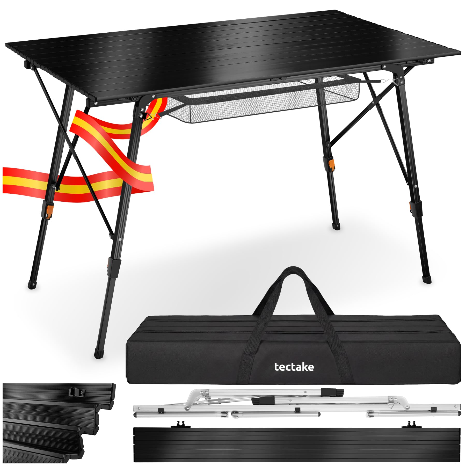 tectake® Mesa Camping Plegable con Altura Ajustable, Mesa Auxiliar de Aluminio con Topes, Mesa Exterior para Jardín, Terraza, Picnic, con Red Almacenamiento y Bolsa de Transporte, 120x70,5x79 - Negra