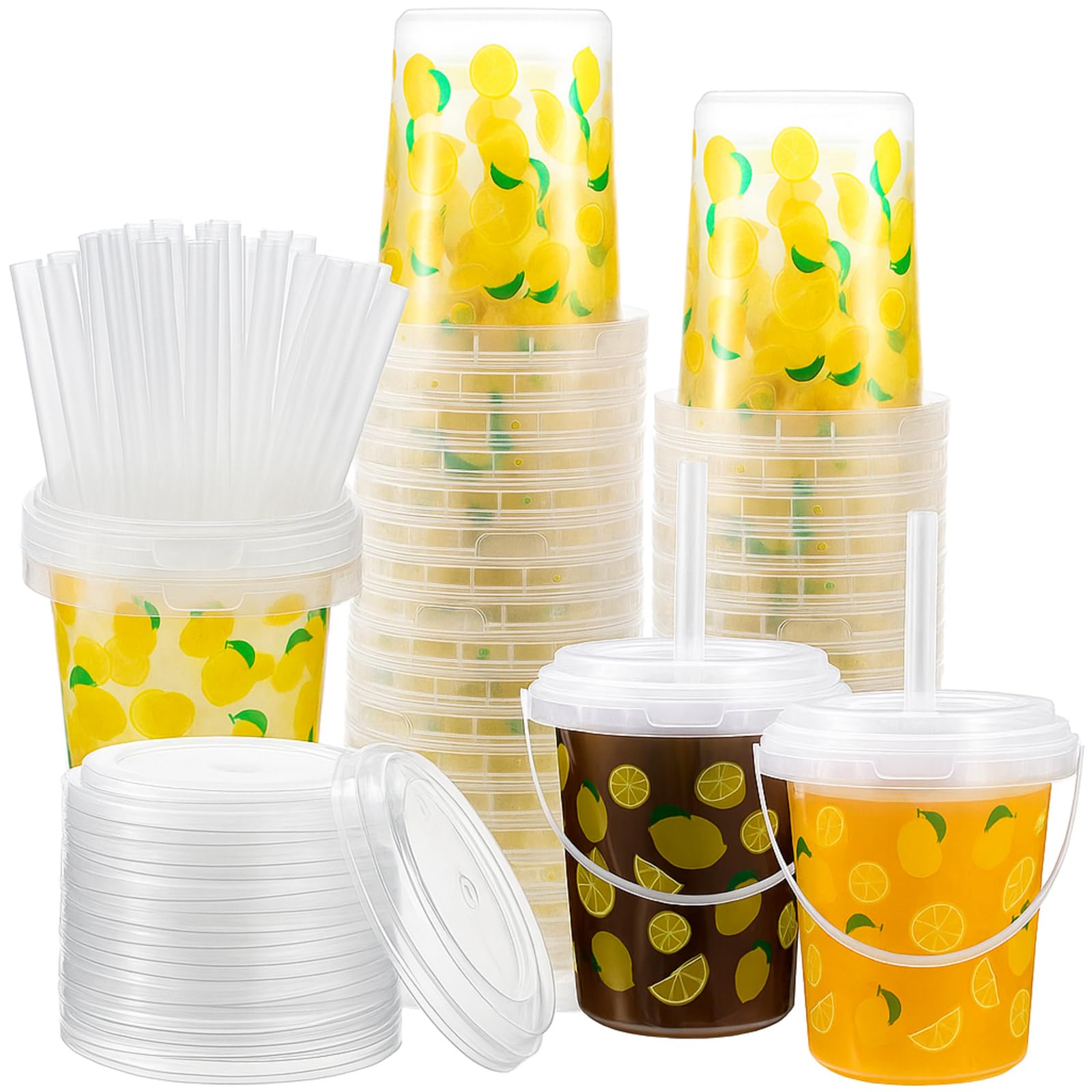 Photo 1 of **MISSING STRAWS & MAJORITY CUPS*** Widecook 30 Set 34oz Lemon Disposable Plastic Drink Buckets with Lids and Straws, Yellow Lemon Cold Beverage Buckets for Cocktail Parties Smoothie Cup Bulk with Handles for Beach Pool Party Supplies