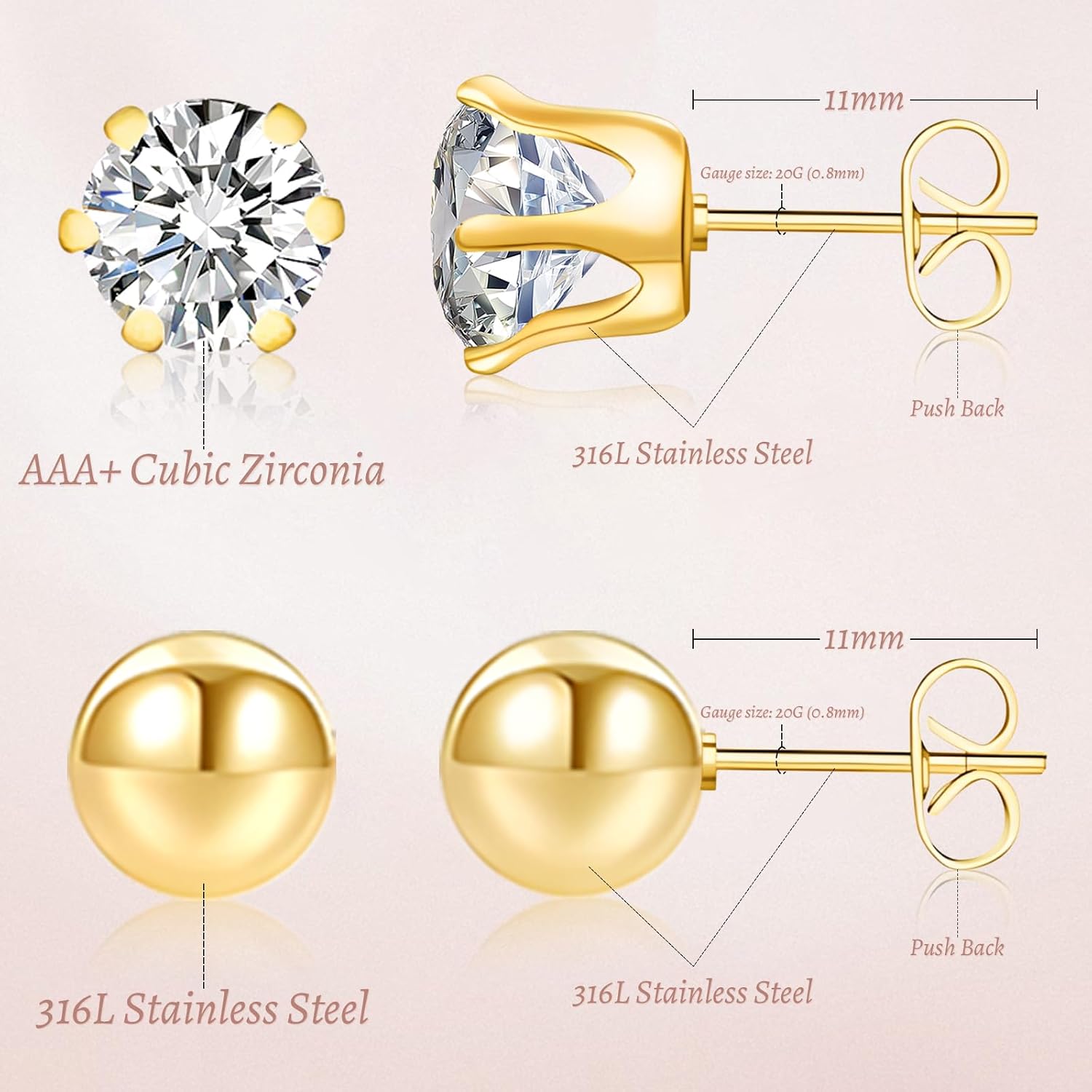 Hypoallergenic Surgical Stainless Steel Stud Earrings for Women, 10 Pairs | 316L Stainless Steel Earrings for Sensitive Ears Women, 5 Pairs Cubic Zirconia Earrings + 5 Pairs Ball Earrings Sets