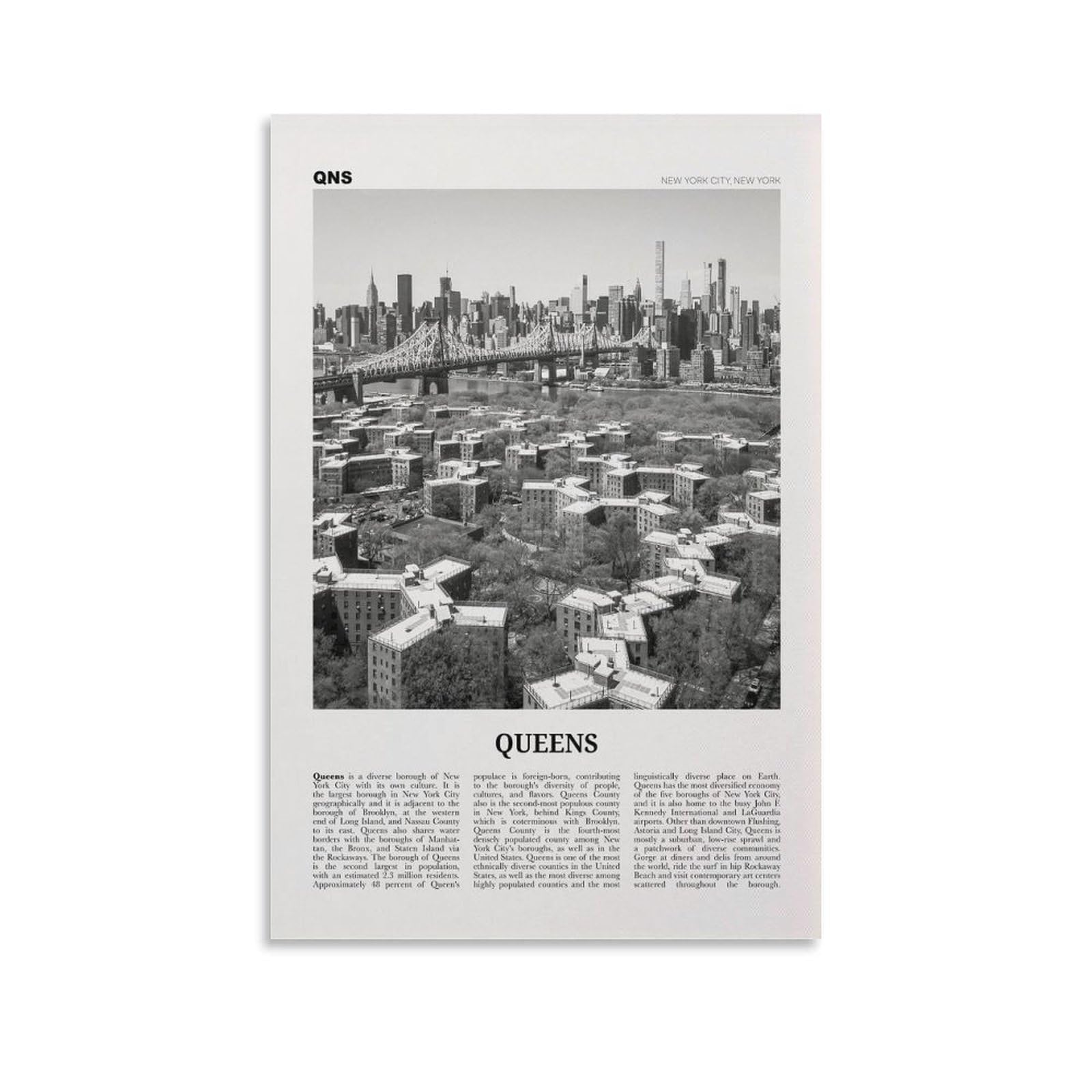 LZTEN Queens Print Black And White Sky, Queens Wall Art, Queens Poster, Queens Photo, Queens Wall Decor, New York, USA, United States Canvas Wall Art Poster