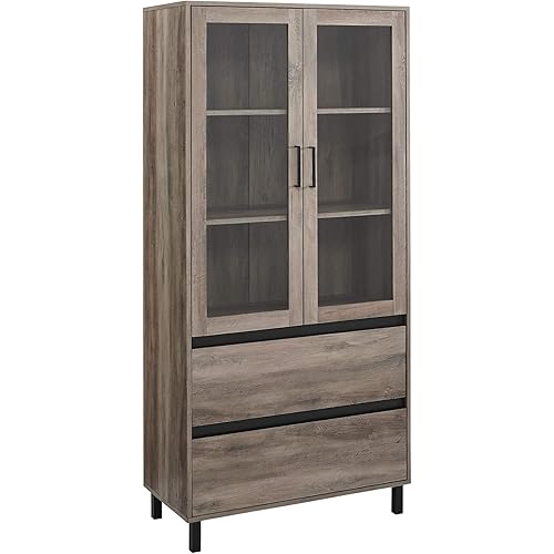 Walker Edison Furniture Company Glass Door Storage Hutch, 68 Inch, Grey Wash