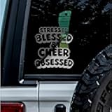 2 Pcs - No Background - Waterproof Car Sticker Decal of Stressed Blessed and Cheer Obsessed Inspirational Quote for Positive Vibes and Motivation (Metallic Silver, 4.8'' x 5.2'') |k74592SI