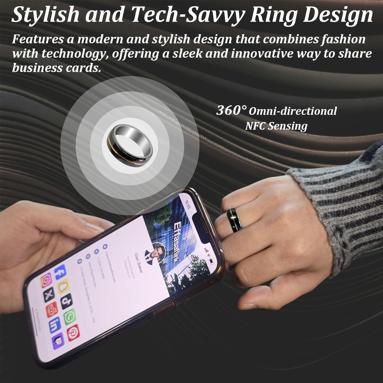 Customized Online Profile, Digital Business Card, Tungsten Steel NFC Ring, Tap to Share Social Information, for iPhone & Android (Gold & Black, US#10)