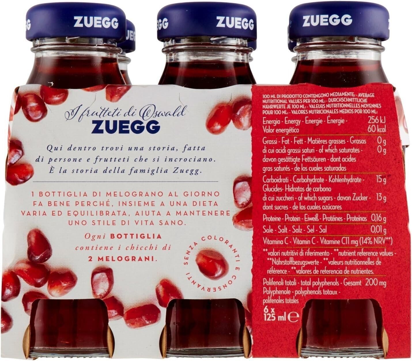 Zuegg Nettare di Melograno, Granatapfelnektar,Granatapfel Fruchtsaft, Erfrischendes alkoholfreies Getränk, 48x 125ml Einweg-Glasflasche + Italian Gourmet polpa 400g