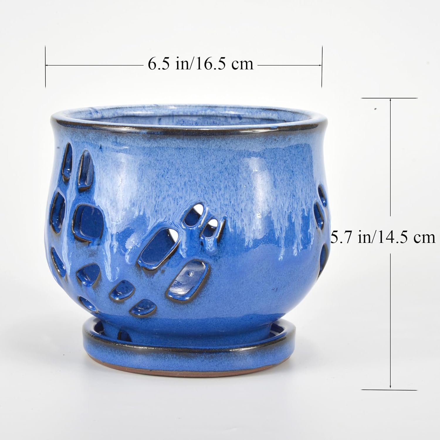 W&W Orchid Pot with Holes and Saucer for Repotting and Better Grow, White and Blue, 6.5"