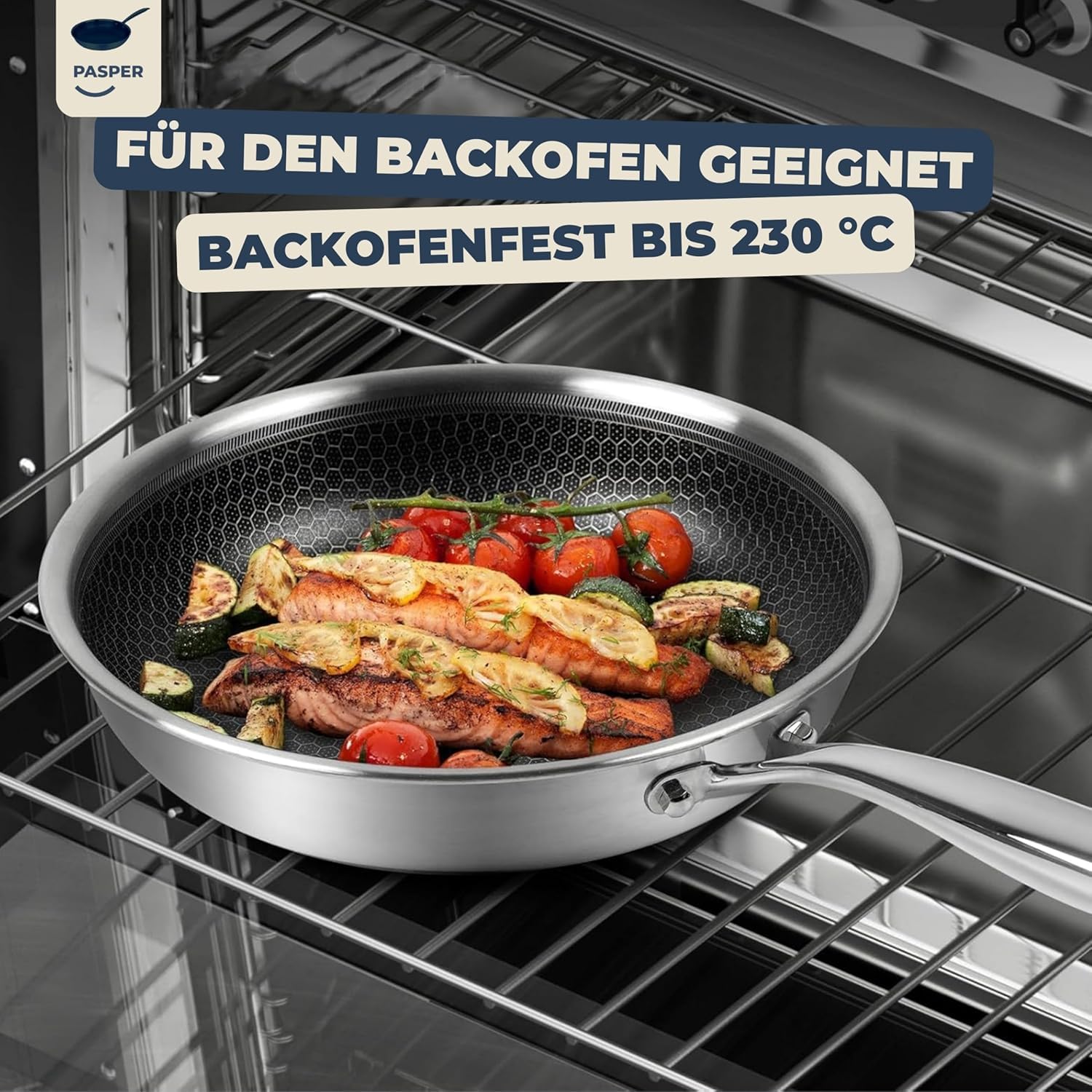 Pasper Padella wok Ø 28 cm – senza PFAS – induzione, elettrica, ceramica, gas e forno – padella in acciaio inox con rivestimento antiaderente a nido d'ape antigraffio – lavabile in lavastoviglie