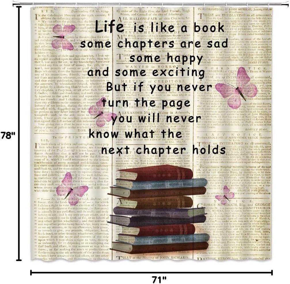 Inspirational Quotes Shower Curtain Motivational Poster Life Like Book Butterfly Vintage Newspaper Creative Vintage Bathroom Home Decor with Hooks,Pink