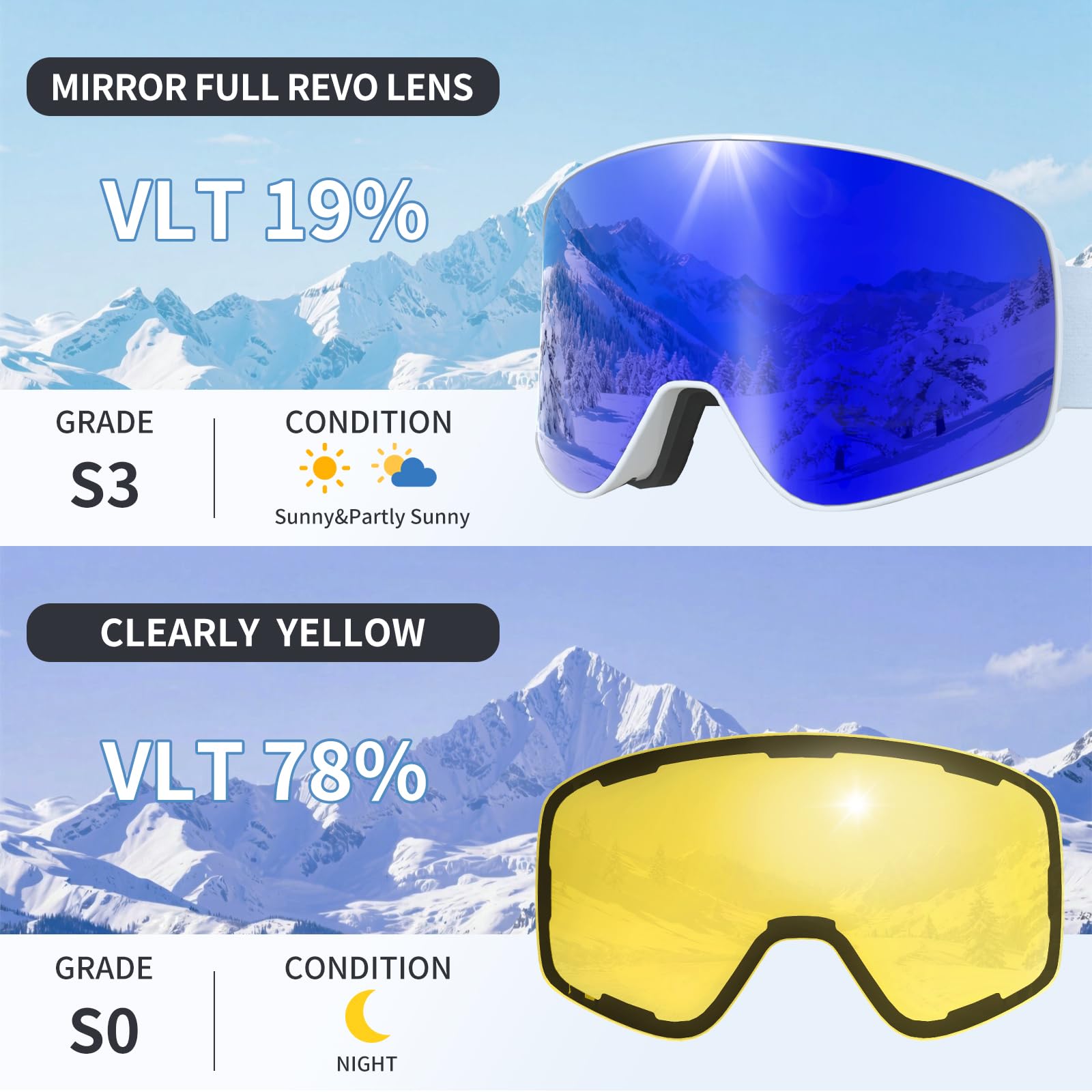 YH212 - Occhiali da sci per uomo e donna, magnetici da snowboard, anti-appannamento, protezione UV, per sci, sport invernali