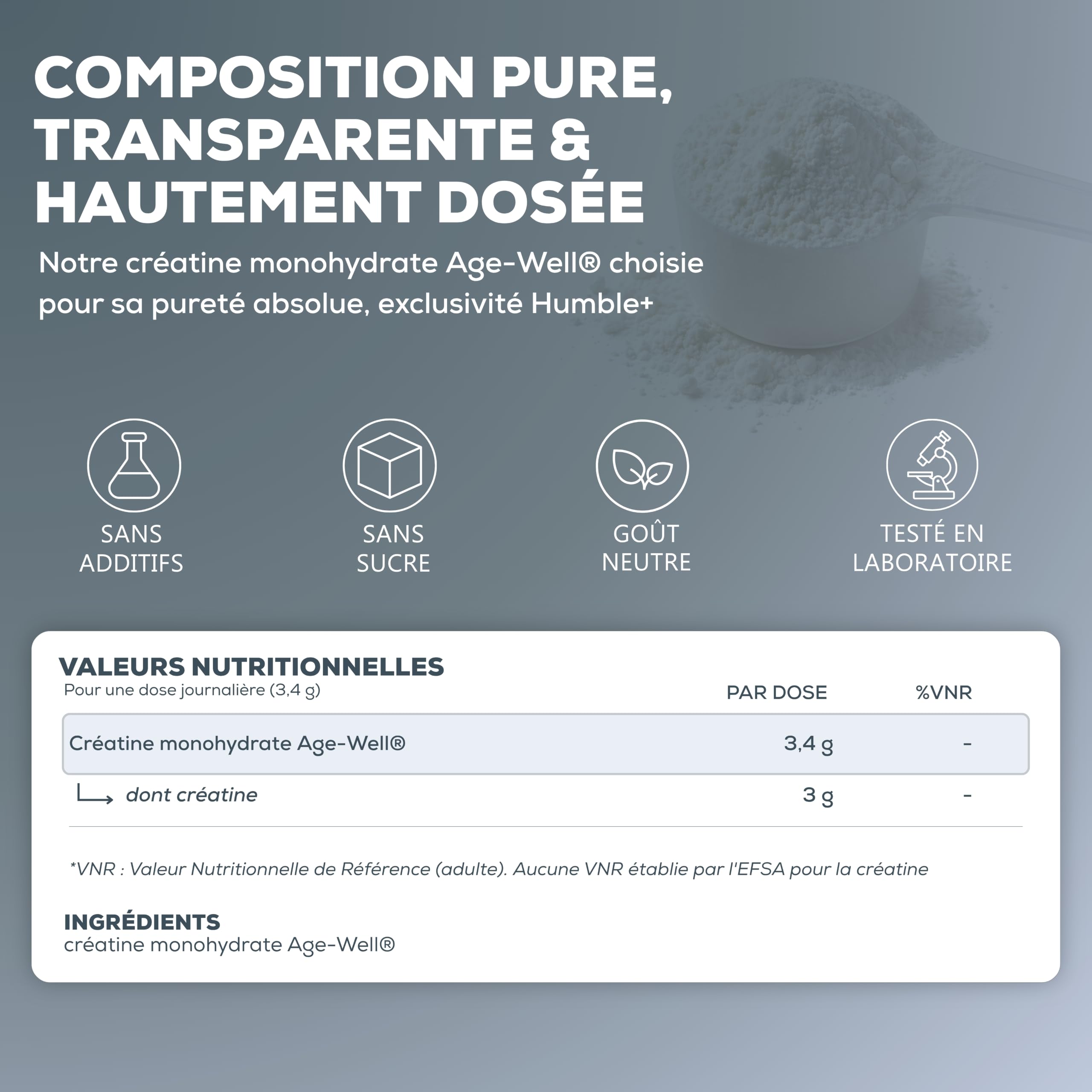 HUMBLE+ Créatine Monohydrate Age-Well® en Poudre (pureté 99,9%) - Supplément de Créatine Premium pour les Performances Physiques - Hautement Dosée - 306 g, 90 Portions - Marque Française