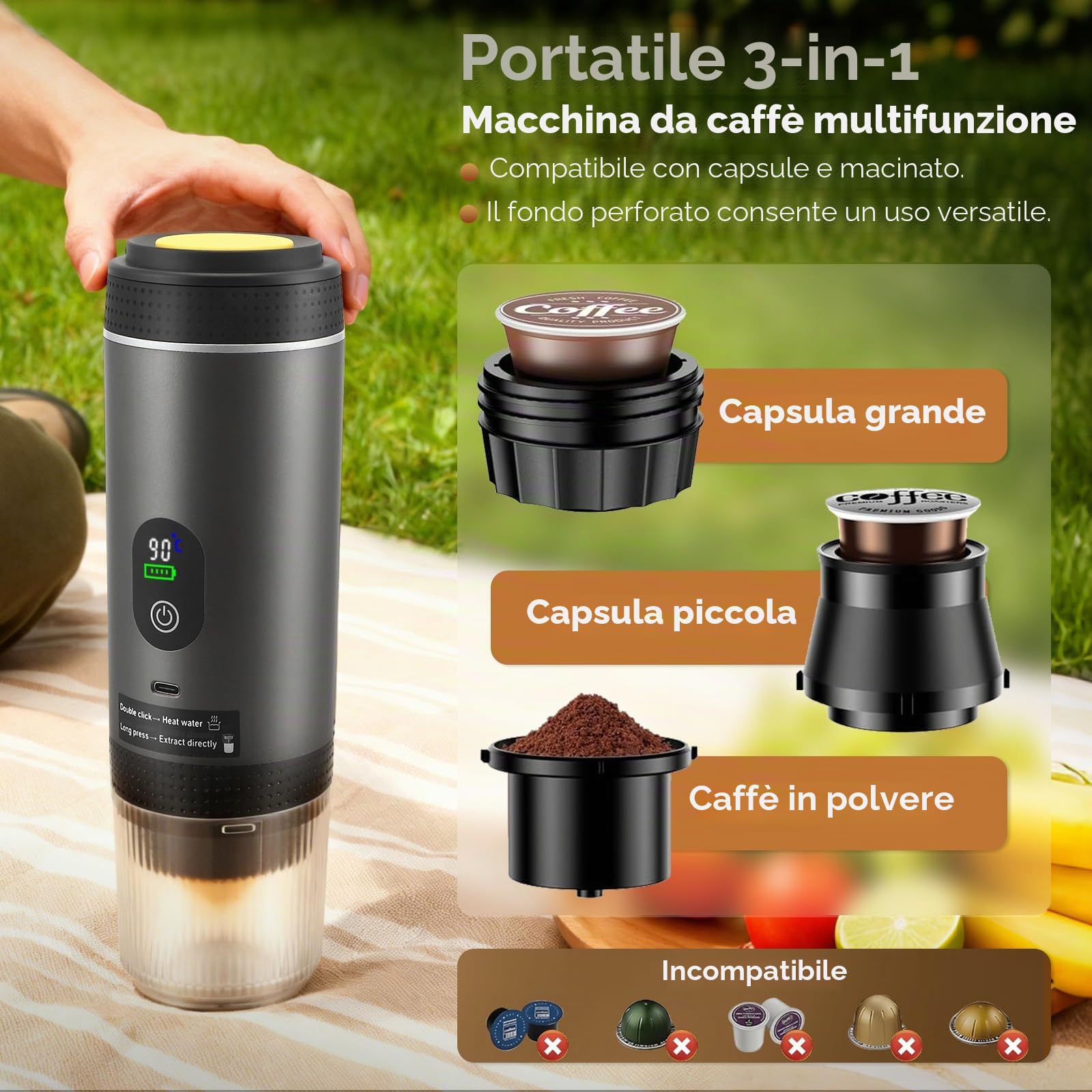 Macchina da caffè portatile 3 in 1 con batteria ricaricabile e auto-riscaldamento USB-C, compatibile con capsule e caffè macinato, mini espresso portatile per campeggio, viaggio, auto, grigio