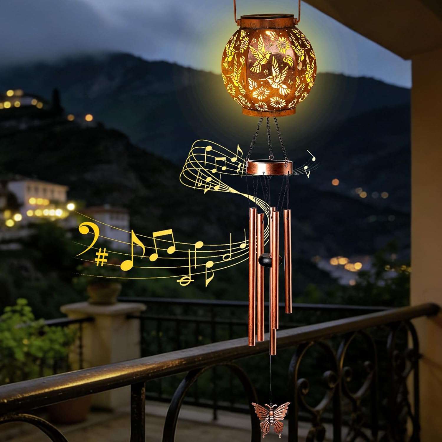 Round Lantern Wind Chimes-Hummingbird，Handcrafted Garden Art with Melodic Tones, Weather-Resistant Metal Wind Chime for Outdoor Patio, Porch, and Garden Decor, for Nature Lovers