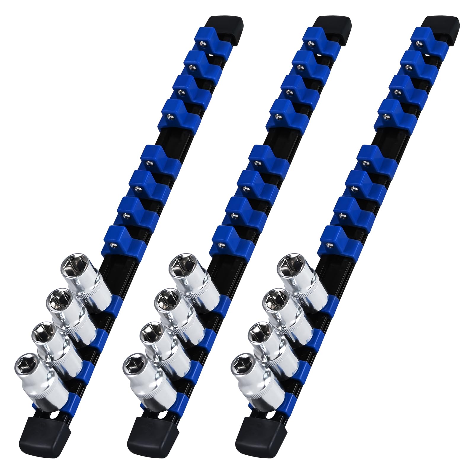 EGOFIX 1/2-Inch Drive Heavy Duty Socket Holder Kit ABS, Socket Rail 12 Clips Blue, 3 Pieces
