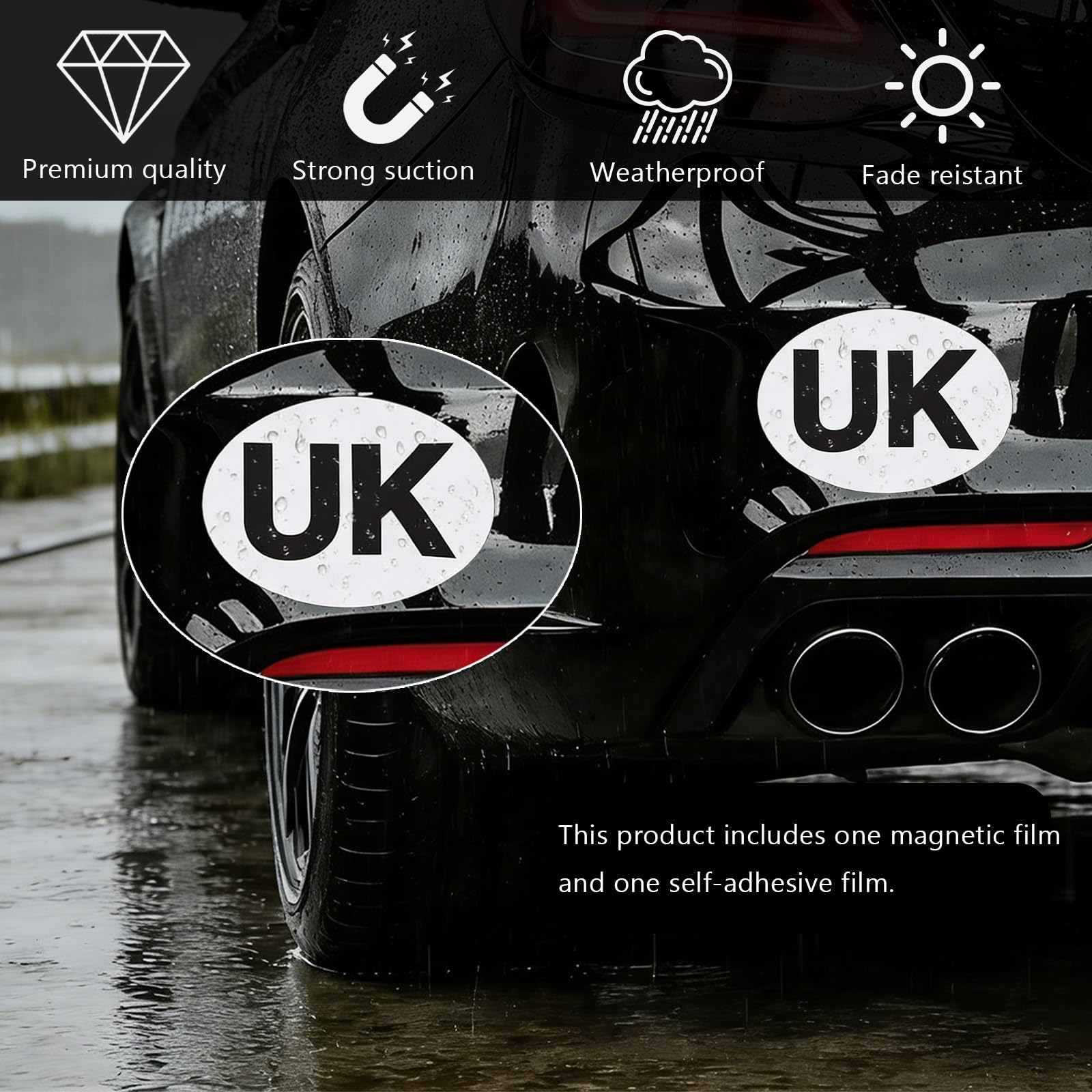 UK Stickers for Car Europe - 4 Pcs Hybrid Set with 1x Magnetic & 1x Self-Adhesive UK Oval Identifier (180x133mm), 2x Reflective Number Plate Stickers (White & Yellow) for Post-Brexit EU Travel — view 4