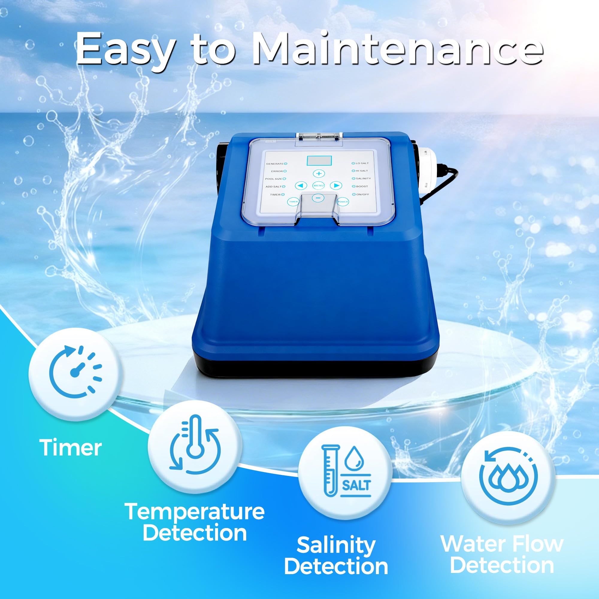 Clorador de agua salada para piscina sobre el suelo, generador inteligente de cloro salado con temporizador, autolimpieza y alertas de temperatura y nivel de sal, piscinas de hasta 20,000