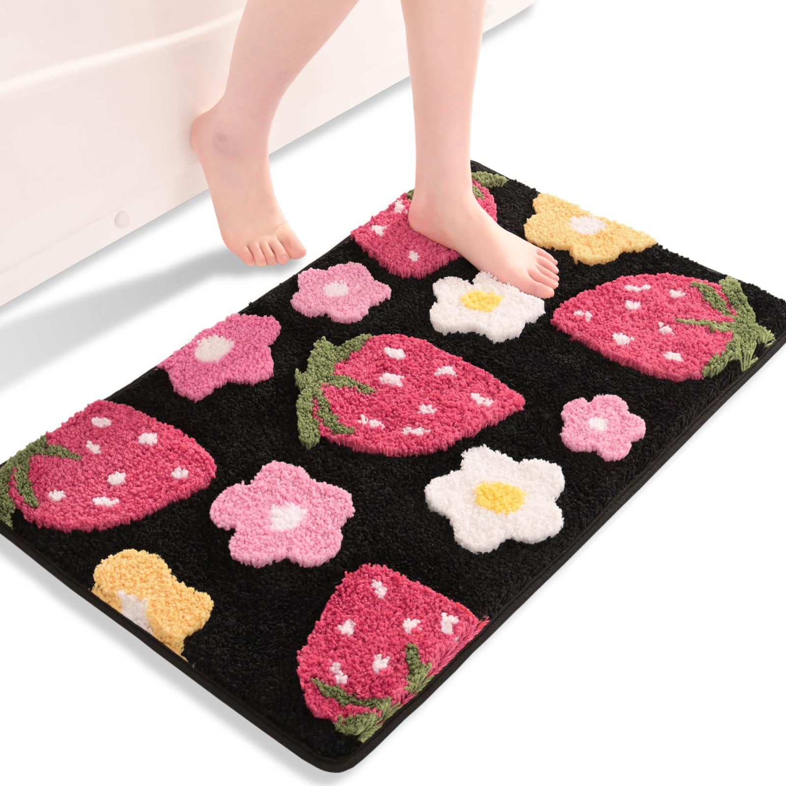 Anybar Black Bathroom Rugs Cute Strawberry Flower Bath Mat Bathroom Accessories, Funny Colorful Non Slip Floor Bath Rug Machine Washable Bathmat Soft