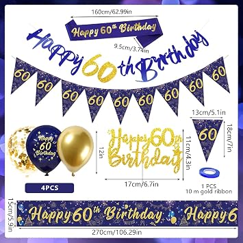 60th Birthday Decoration for Men Him Navy Blue Happy Birthday Banner Balloon