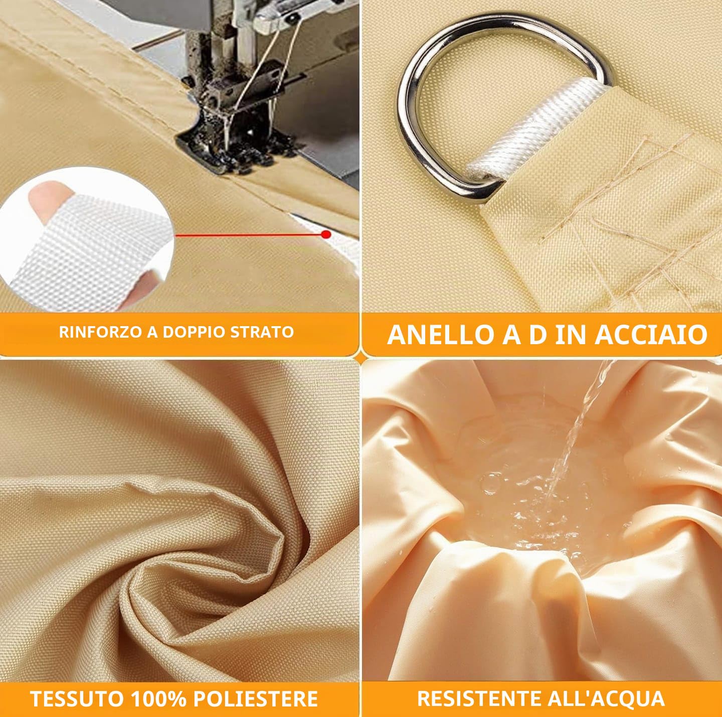 Tenda a Vela Ombreggiante Impermeabile Triangolare Protezione Raggi UV 98% Tenda da Sole Poliestere Antistrappo Con 3 Corde Fisse per Giardino Balcone Piscinae Terrazza Sabbia 3x4x5M