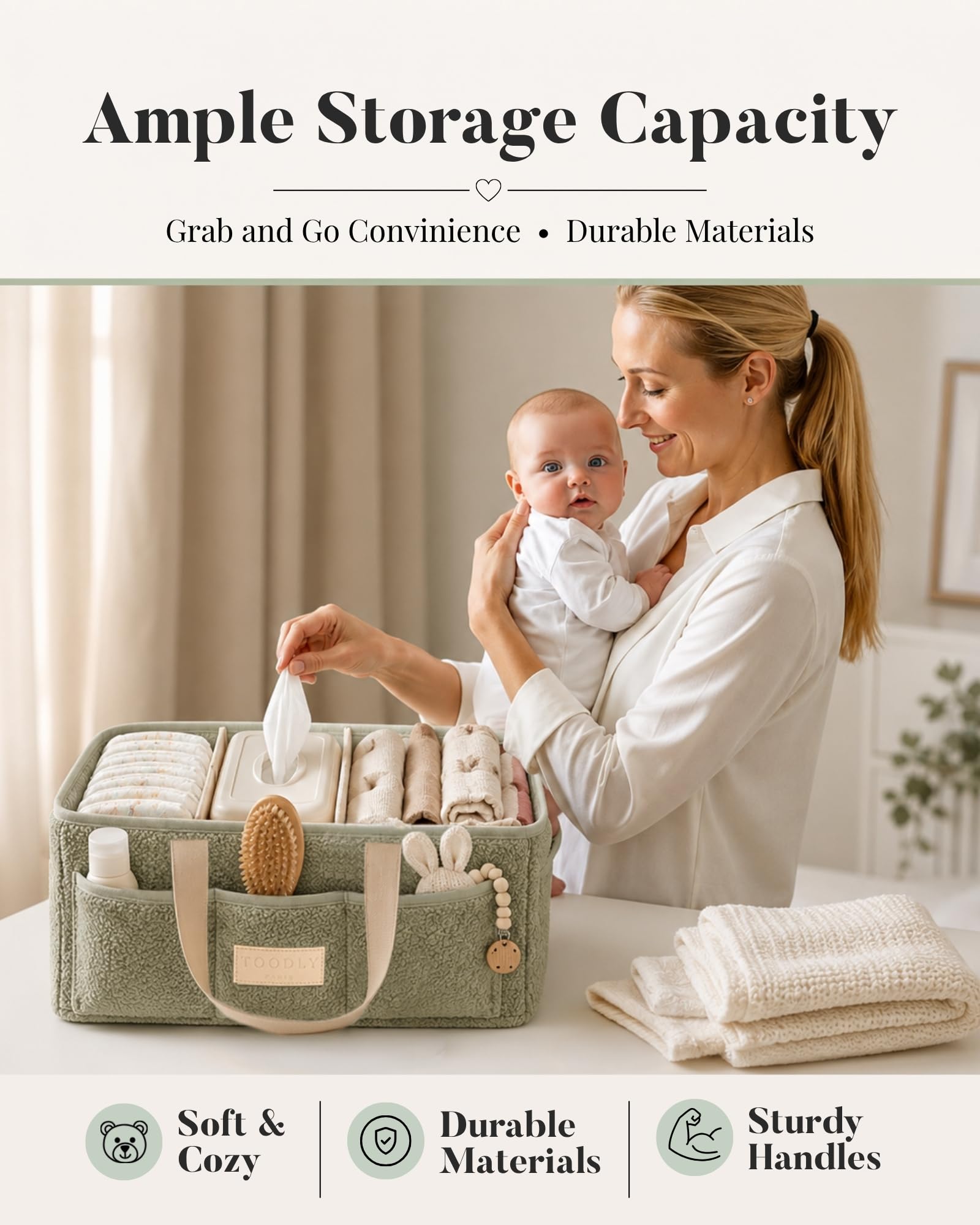 Baby-Wickeltasche mit tragbarer Wickelunterlage – Teddy-Fleece-Windel-Organizer für Wickeltisch – Korb für Wickelutensilien – Baby-Essentials Organizer mit herausnehmbaren Trennwänden