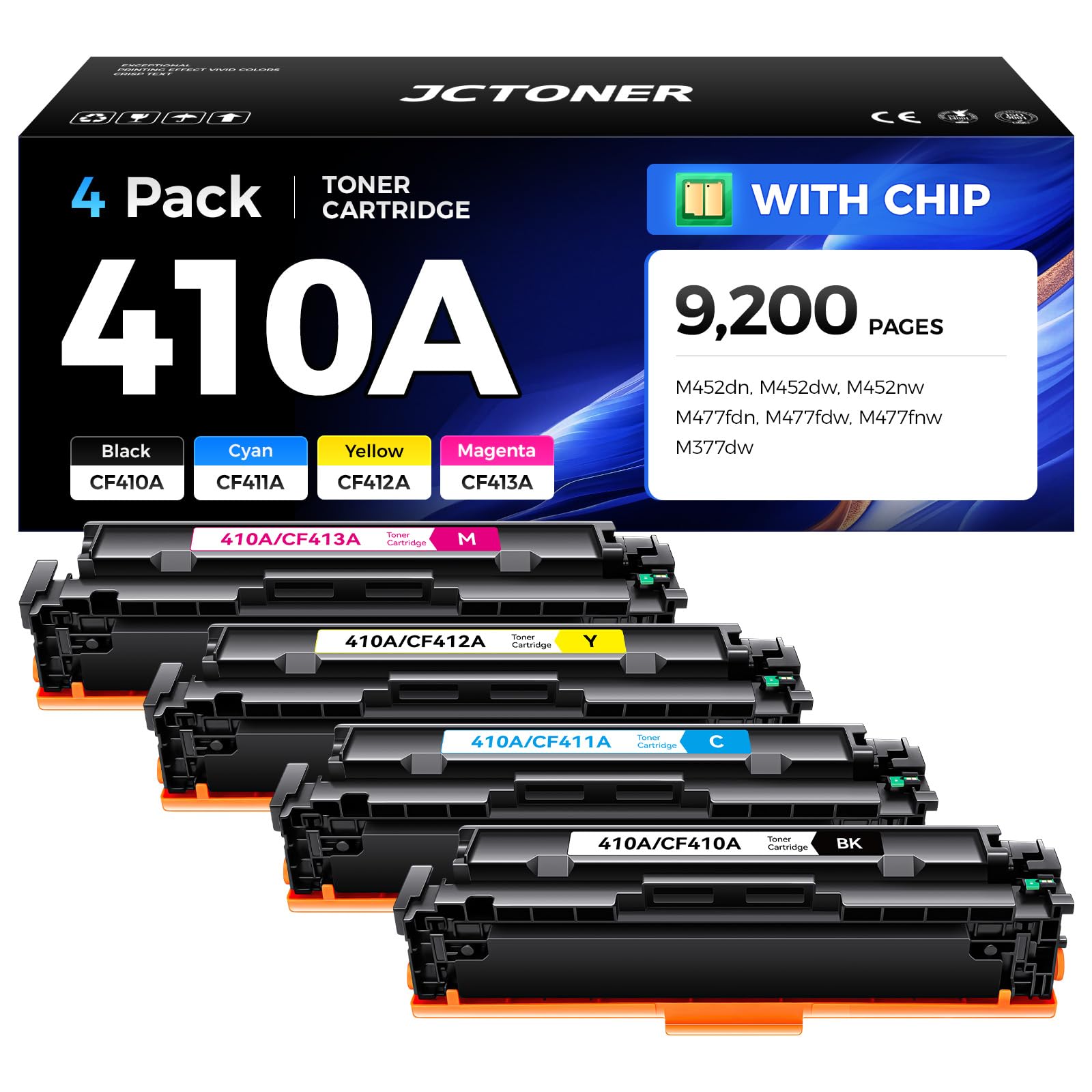 Juego de 4 cartuchos de tóner 410A de repuesto para HP 410A 410X CF410A CF411A CF412A CF413A compatible con HP Color Laserjet Pro MFP M377dw M477fdn M477fdw M477fnw M452dn M452dw M452nw w tinta de