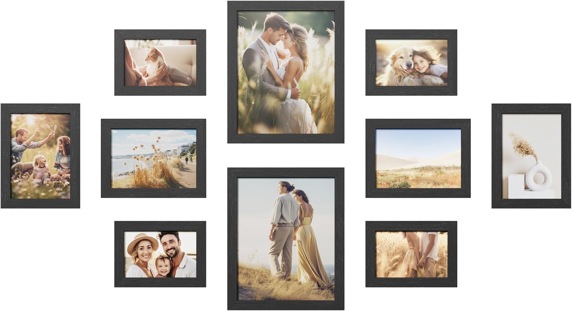 SONGMICS Set of 10 Picture Frames, Two 20 x 25 cm (8 x 10 Inches), Four 13 x 18 cm (5 x 7 Inches), Four 10 x 15 cm (4 x 6 Inches), Plastic Front, MDF, Ink Black RPF310H