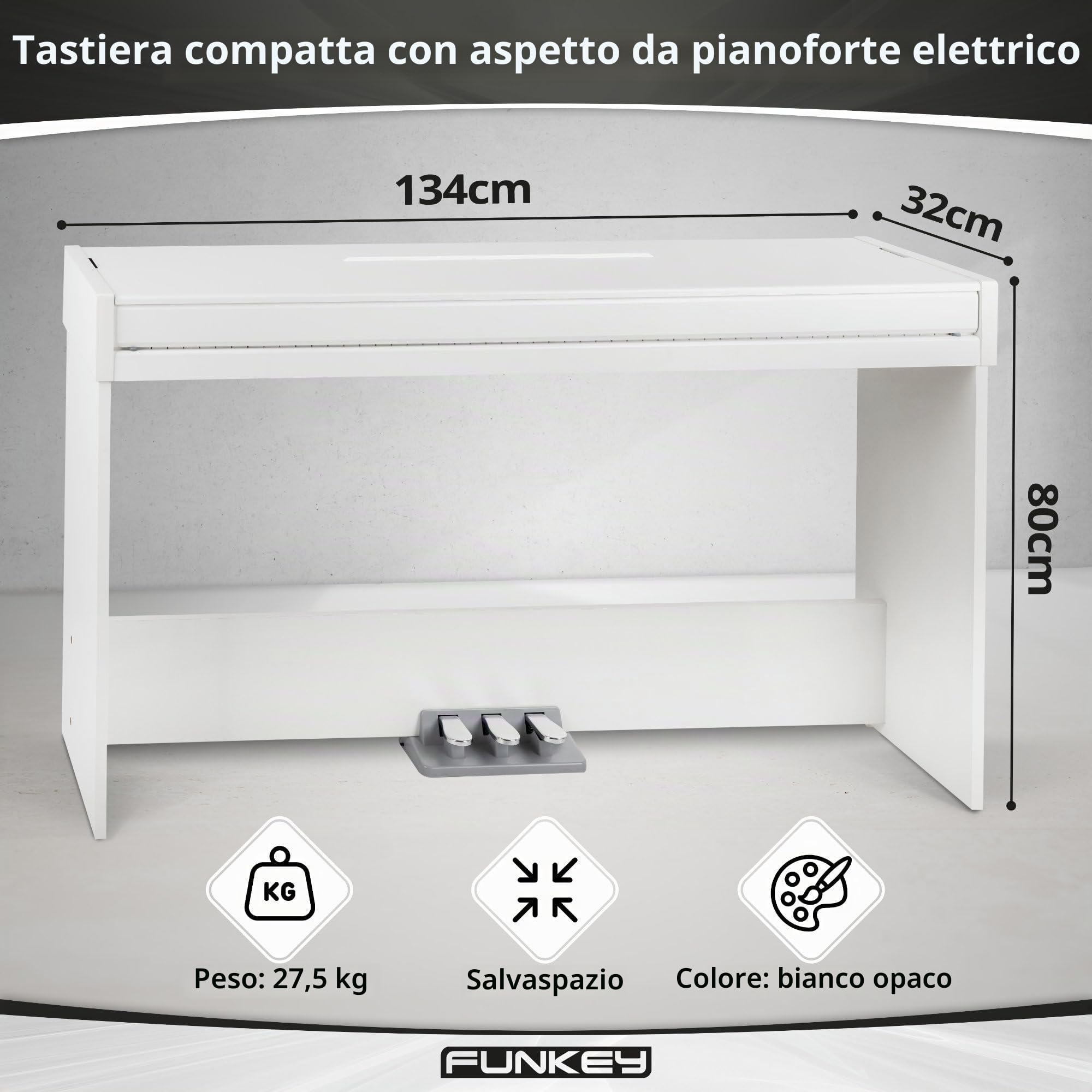 Funkey DP-1088 WM - Pianoforte Digitale set 88 Tasti sensibili al tocco - Tastiera sottile - Incluso panca, cuffie, pedale - Bianco opaco
