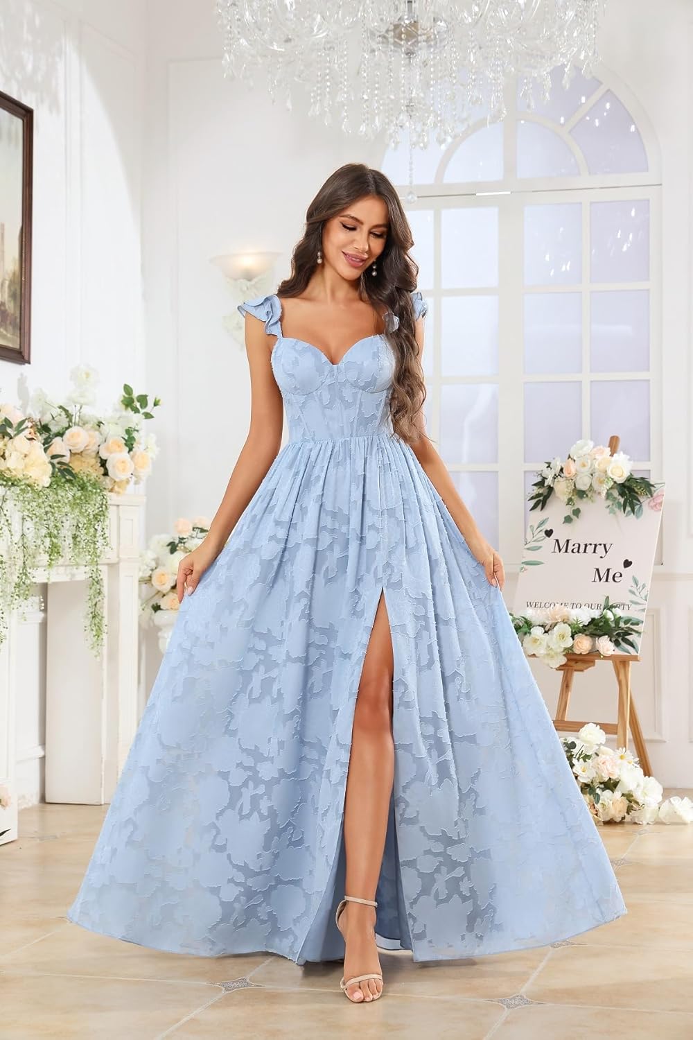 Chiffon Floral Bridesmaid Dresses with Slit Sleeveless Corset Ruffle A Line Long Formal Evening Gowns - Image 3