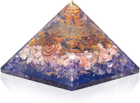 Orgonite Crystal Orgone Iron Will Pyramid with Tiger Eye, Sunstone and Amethyst Healing Crystals