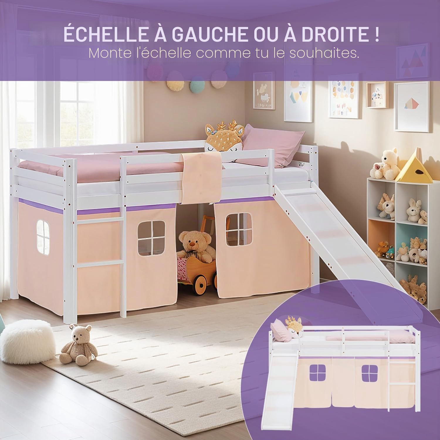 Homestyle4u Lit mezzanine avec toboggan - 90 x 200 cm - Blanc - Pour fille - En pin massif - Avec rideau - Violet et beige - Échelle et protection contre les chutes