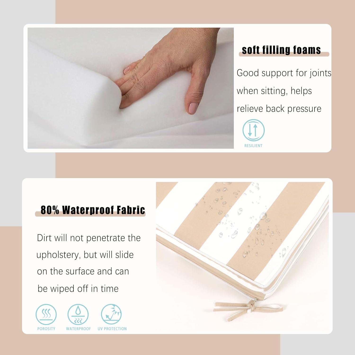 Outdoor Chaise Lounge Cushions Set of 2, 75"x22"x3" Thick Patio Chaise Cushions with Straps, Water-Resistant & Fade-Resistant Foam for Pool, Lawn Furniture-Beige/White Striped