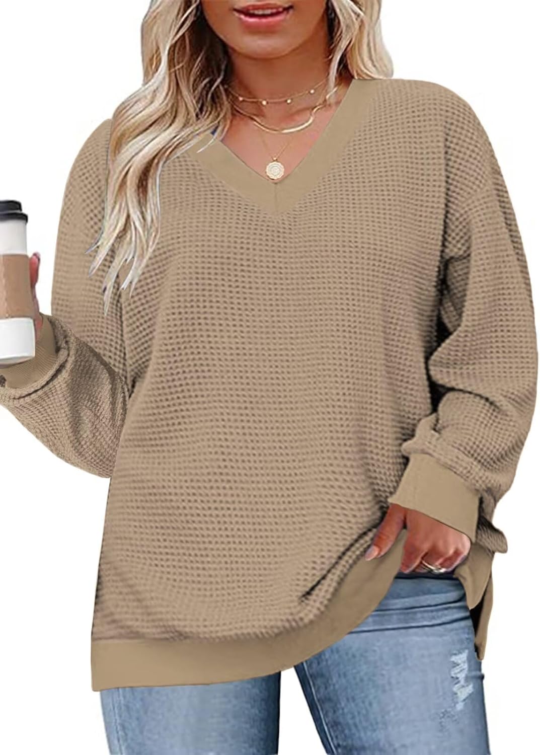 DOLNINE Plus-Size-Tops for Women Casual V Neck Pullover Cute Waffle Knit Lantern Sleeve Sweaters Fashion Side Split Tunics