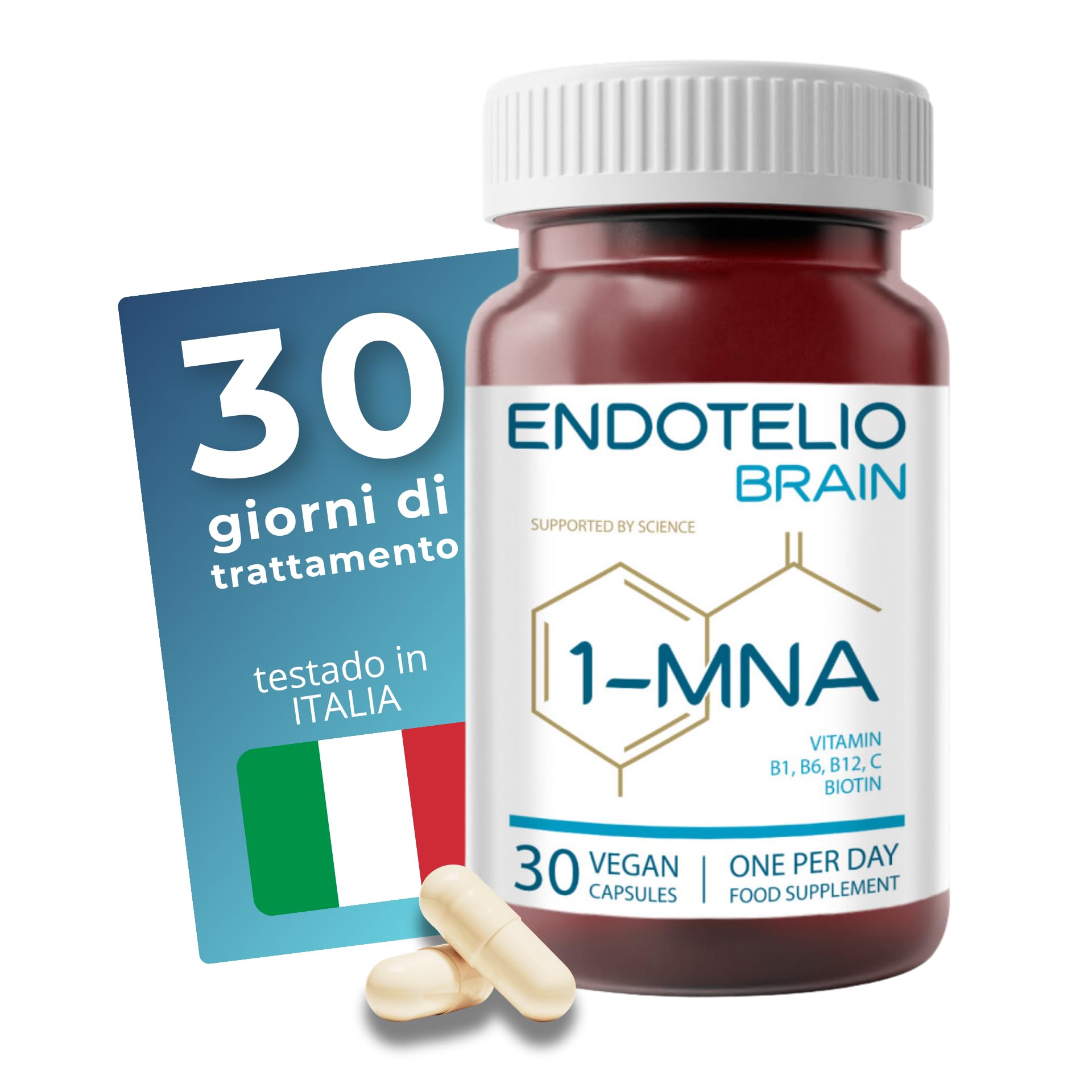 1-MNA Brain, Integratore Anti-Età, Ottimizza Naturalmente NAD+ con Ginkgo Biloba, Zinco, Biotina, Vitamine C, B1, B5, B6, B12, Salute Cellulare, Memoria, Concentrazione, 30 Compresse