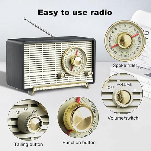 Miniatura 4 de YOWGUIF - Radio AM FM clásica retro de madera para mesa, altavoces Bluetooth, radios enchufables de pared con perilla giratoria, ideal para el hogar
