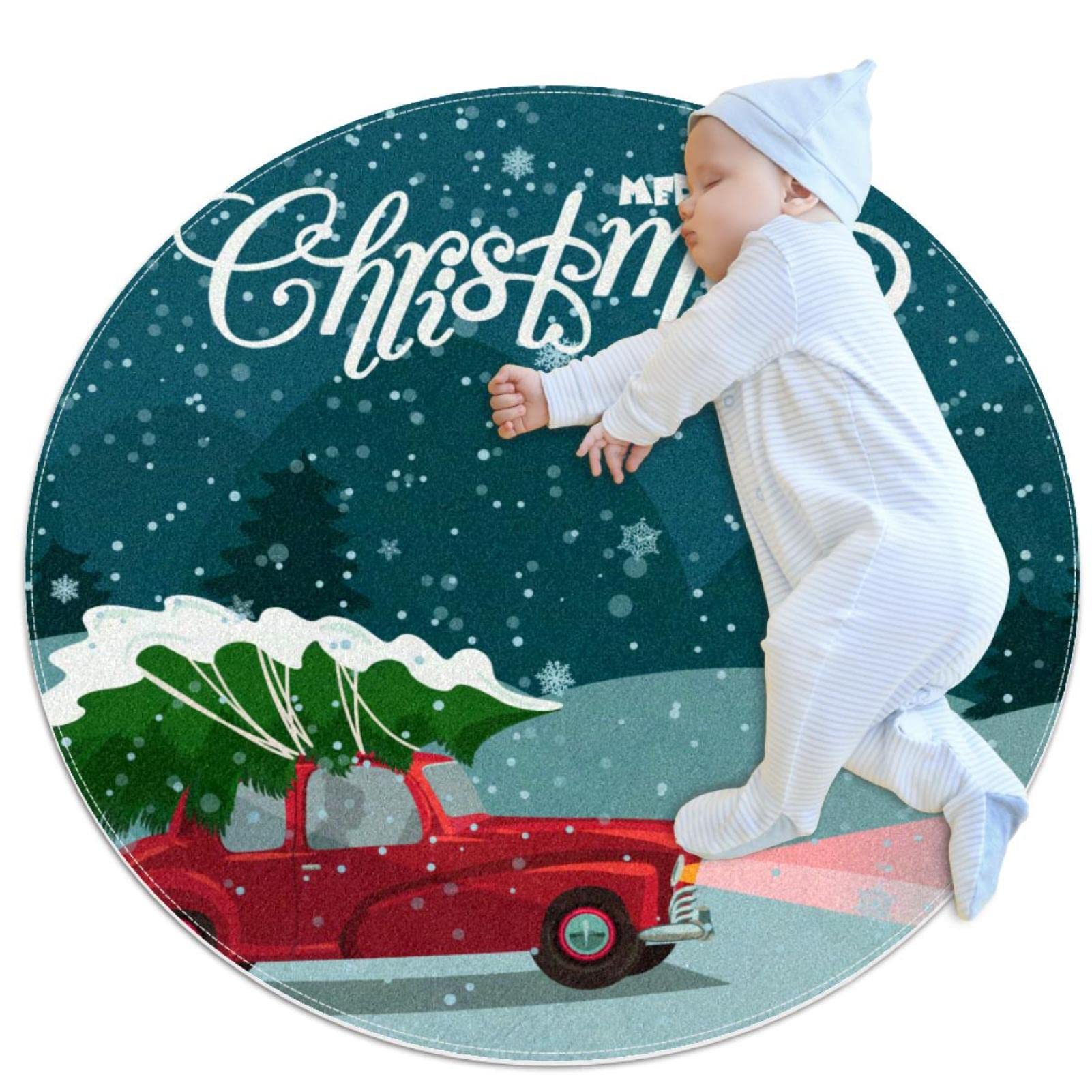 Tapis rond sapin de Noël voiture rouge 100cm pour chambre et salon