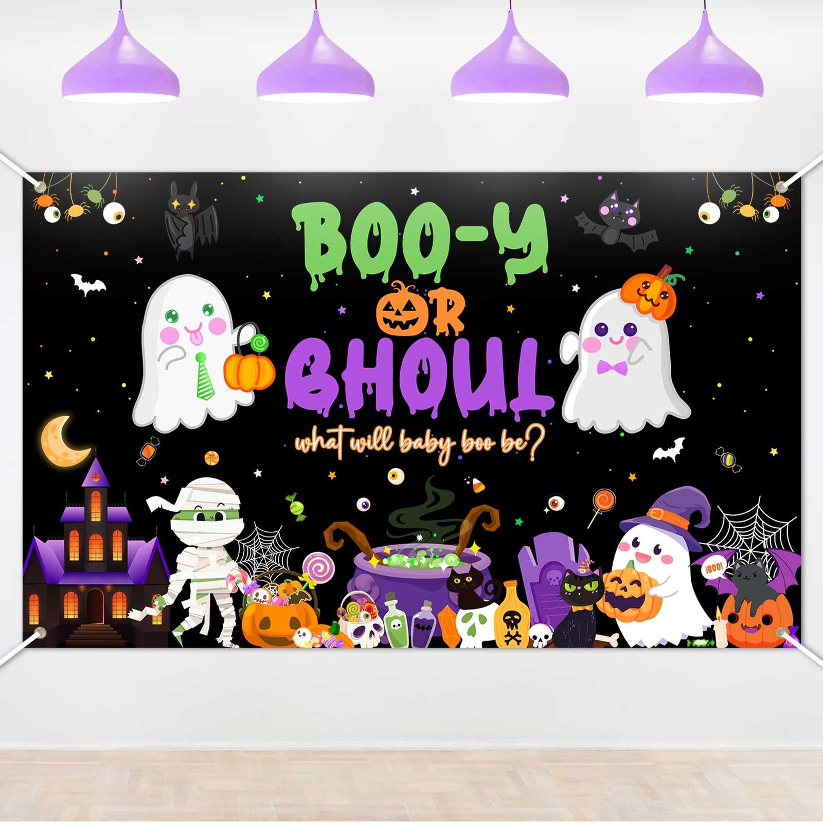 Lecheme Halloween Backdrop - Ghoul or Ghost Gender Reveal Decorations - Pumpkin Banner & Photo Background